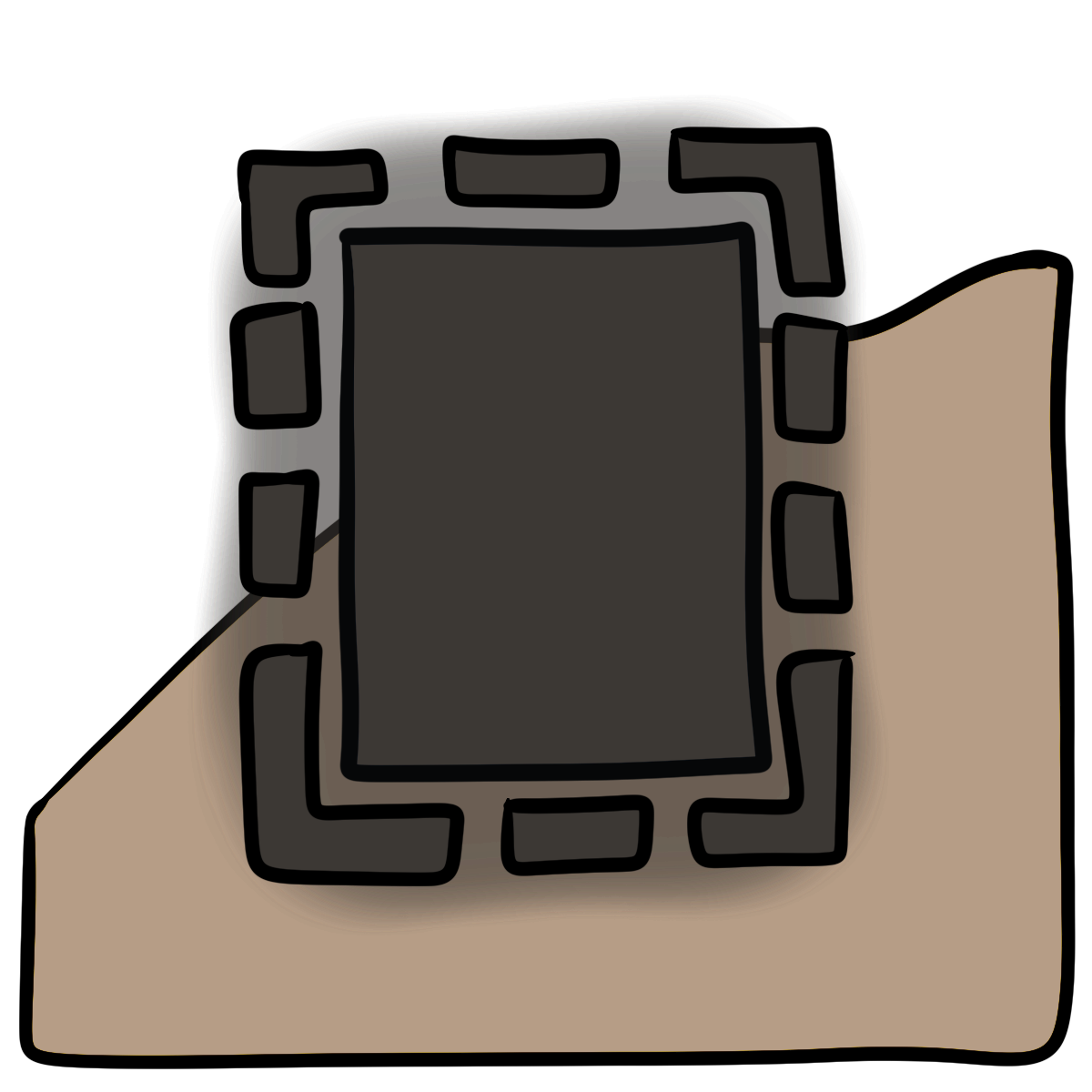 A dark gray glowing rectangle with a dashed line around it. Curved beige skin fills the bottom half of the background.